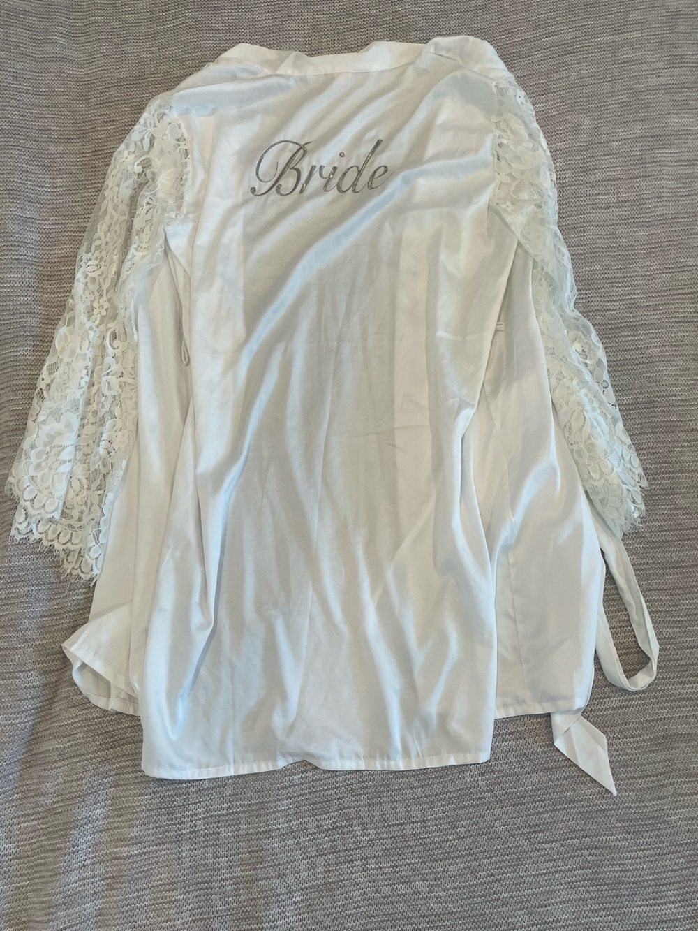 Bride Satin Wrap Robe with Lace Sleeves - White